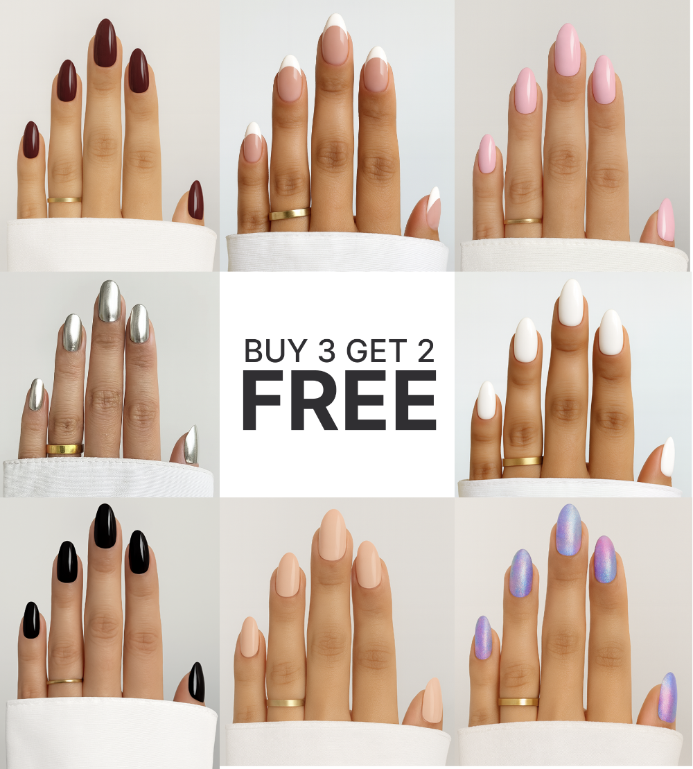 Collage of hands with various nail colors and a 'Buy 3 Get 2 Free' offer text.
