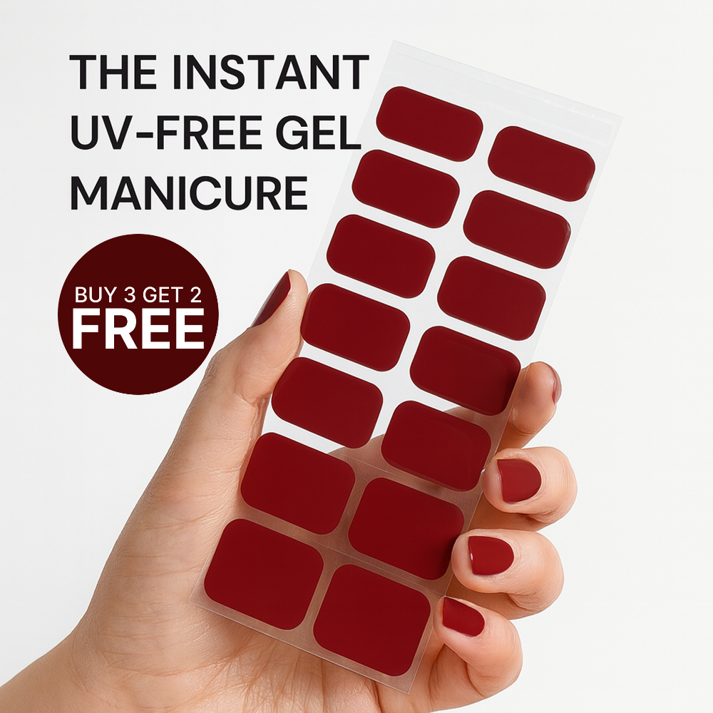 Red nail gel stickers with a hand holding them, promotional text on a white background