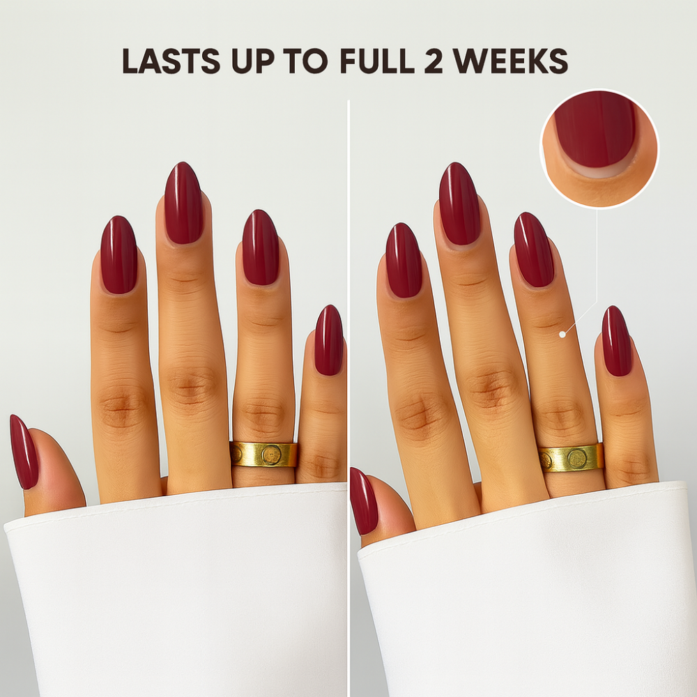 Nails with red polish on a plain background, showing product longevity.
