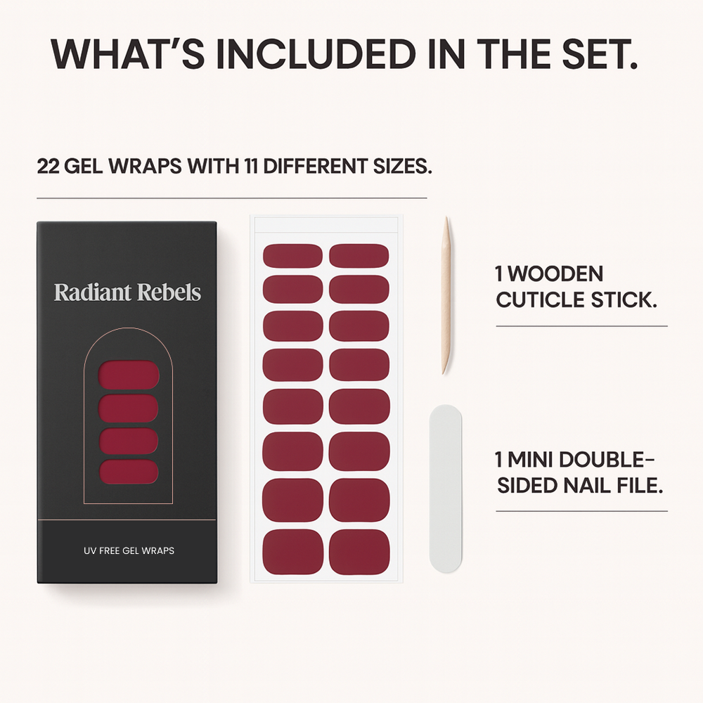 Radiant Rebels gel wrap set with packaging, gel wraps, cuticle stick, and nail file on a white background.