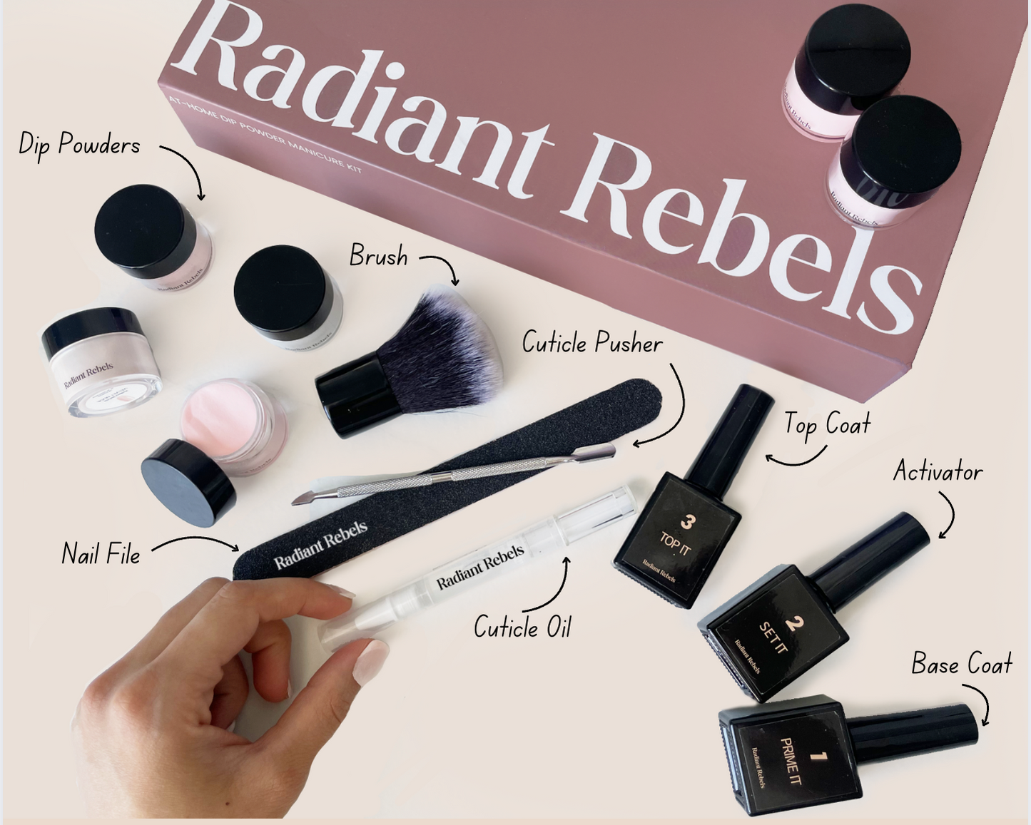Radiant Rebels nail care product set with labeled items on a light background
