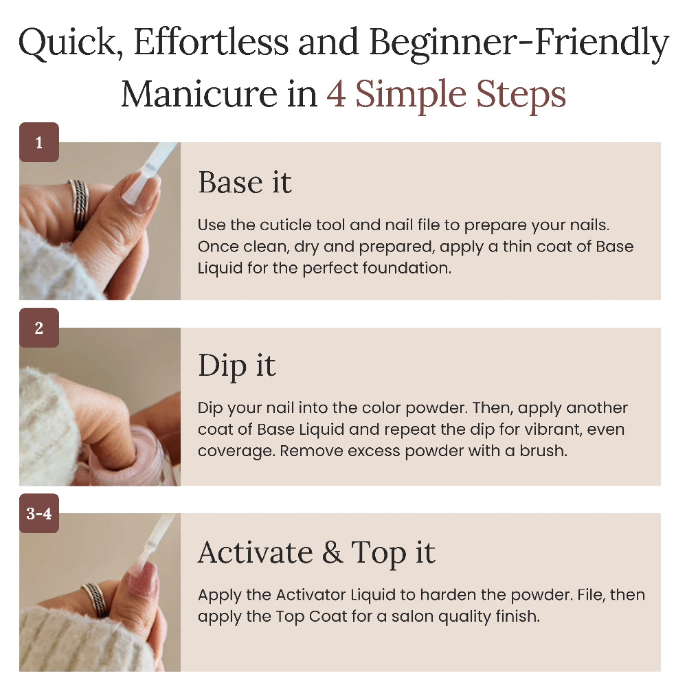 Step-by-step guide to a quick, effortless, and beginner-friendly manicure with text and images of hands and tools.