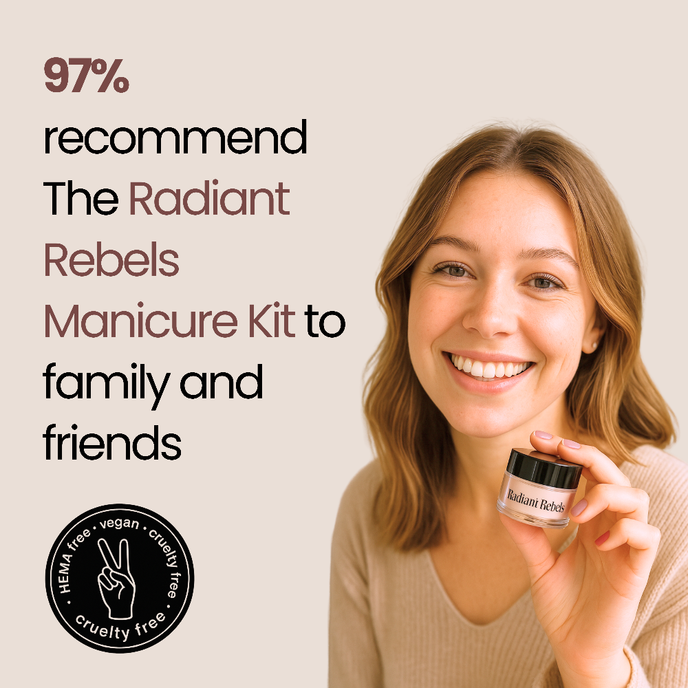 Woman holding a 'Radiant Rebels' product with text about recommendation and vegan/cruelty-free status.