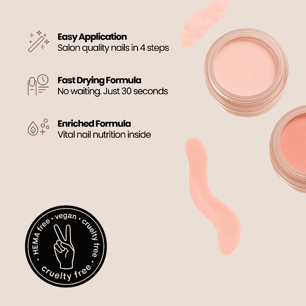 Product packaging with text on easy application, fast drying formula, and enriched formula on a beige background.