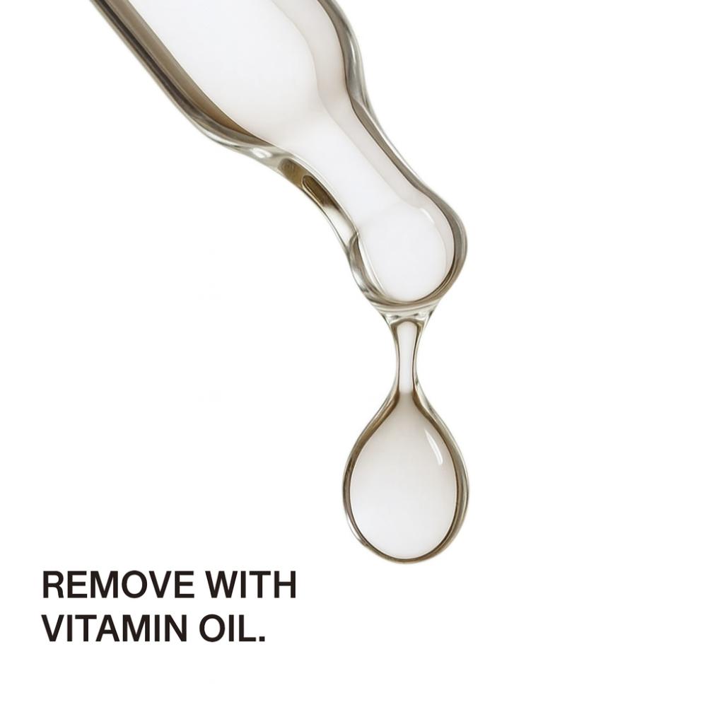 Glass dropper with liquid and text 'REMOVE WITH VITAMIN OIL.' on a white background