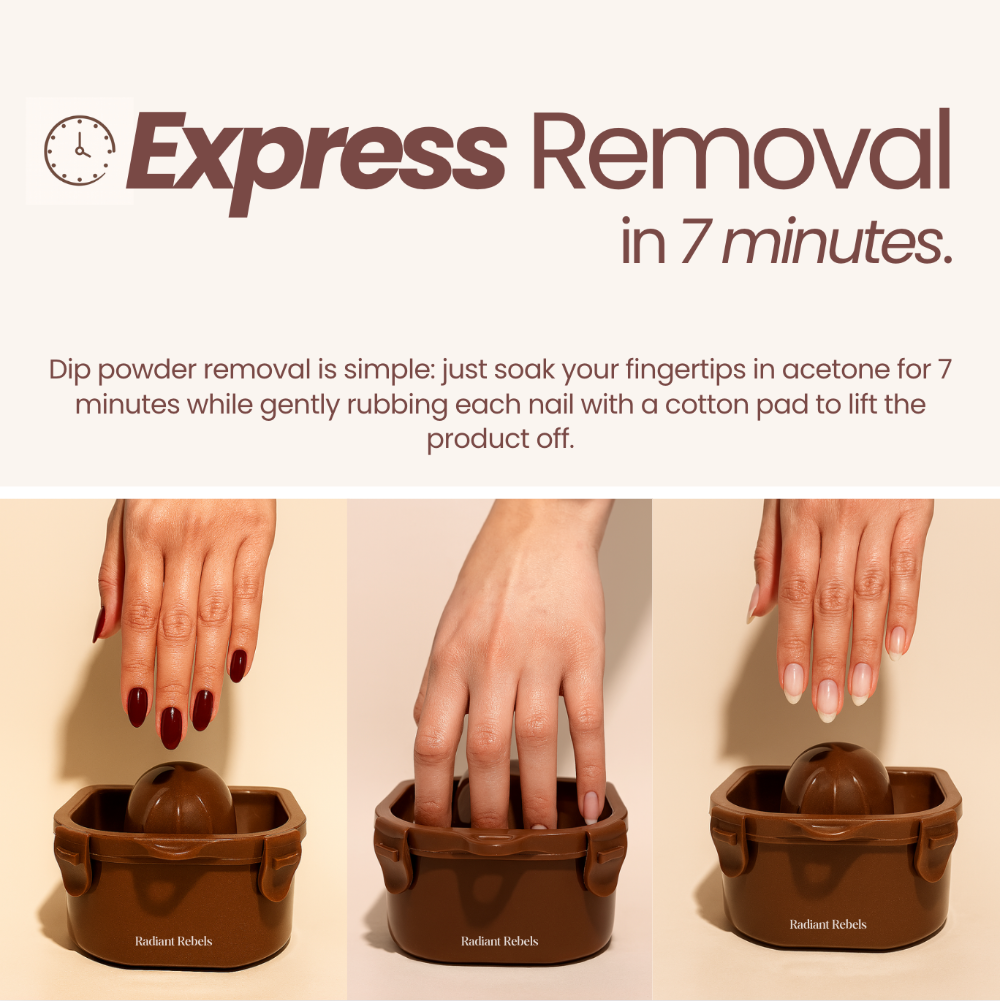 Dip powder removal process with hands and a container on a beige background
