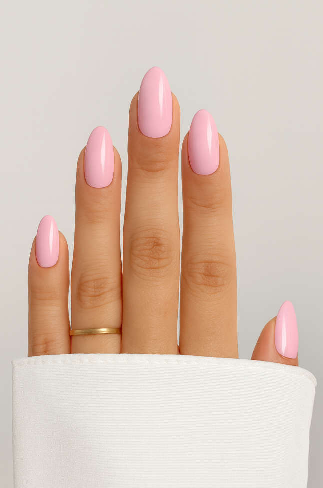 Hand with pink nail polish on a plain background