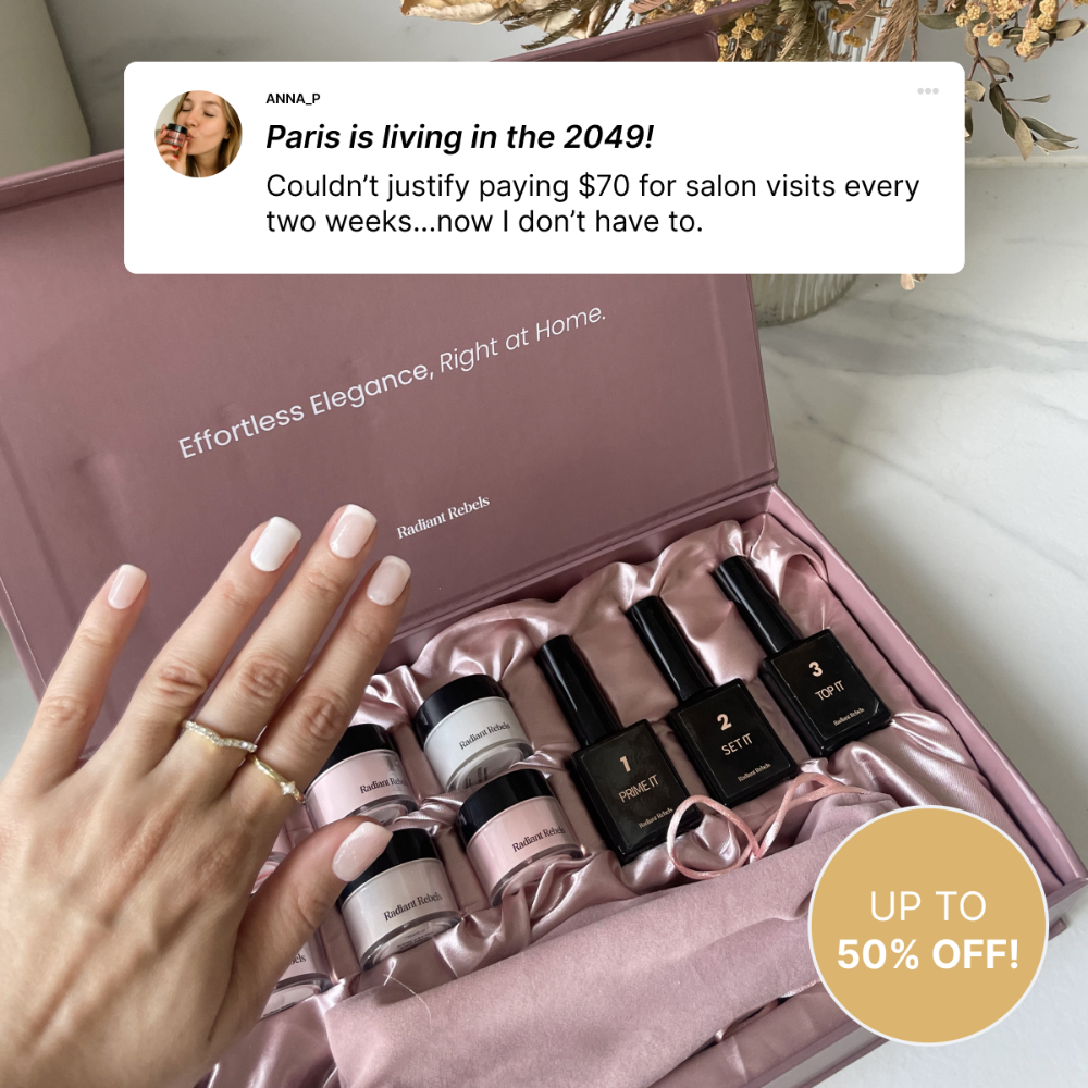 Set of nail polishes in a pink box with a hand holding one, and a promotional text overlay.
