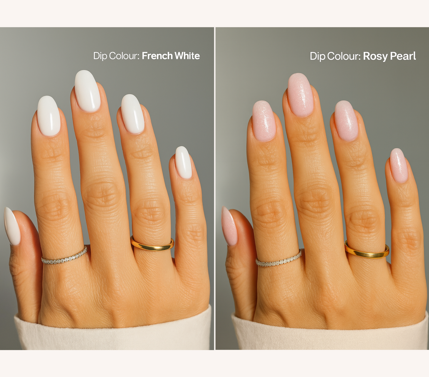 Two hands with different nail polish colors on a neutral background