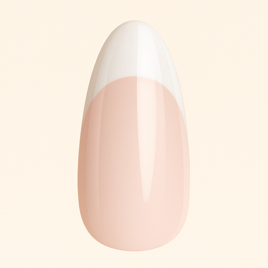 Nail with French tip design on a beige background