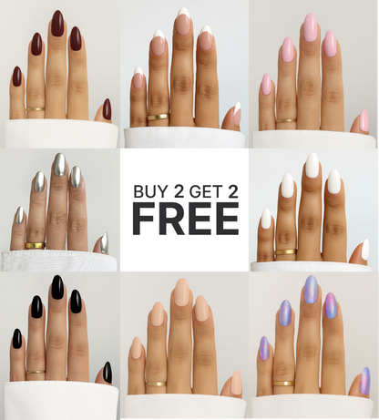 Collage of hands with various nail colors and a 'Buy 2 Get 2 Free' offer sign.